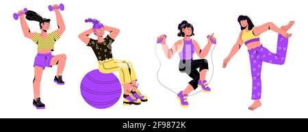 Femmes faisant divers exercices de sport, illustration vectorielle plate isolée sur fond blanc. Jeu de personnages de dessin animé féminins dans des vêtements de sport. Li sain Illustration de Vecteur