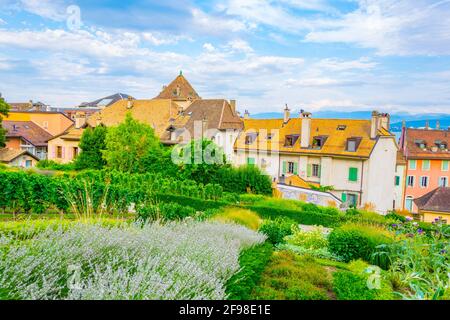 Vue aérienne sur le lac de Genève depuis la terrasse située à côté du palais de Nyon, en Suisse Banque D'Images