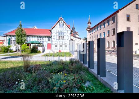 Vieille école, événements, hall, zone verte, façade, A colombages, façade de maison, ancien hôpital, Schmalkalden, Thuringe, Allemagne, Banque D'Images