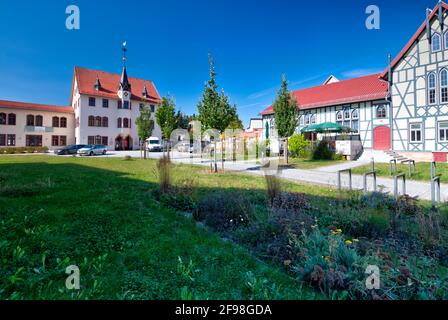 Vieille école, événements, hall, zone verte, façade, A colombages, façade de maison, Schmalkalden, Thuringe, Allemagne, Banque D'Images