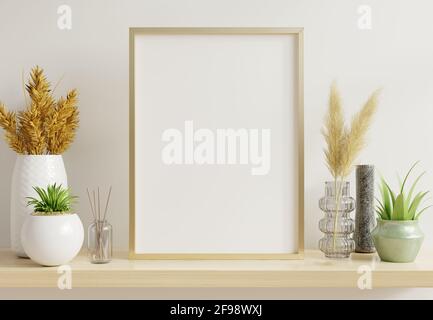 Maquette d'affiche intérieure avec cadre or vertical avec Plantes ornementales dans des pots sur fond de mur vide.rendu 3D Banque D'Images