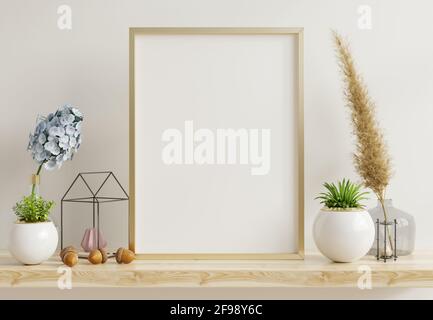 Maquette d'affiche intérieure avec cadre métallique vertical avec Plantes ornementales dans des pots sur fond de mur vide.rendu 3D Banque D'Images