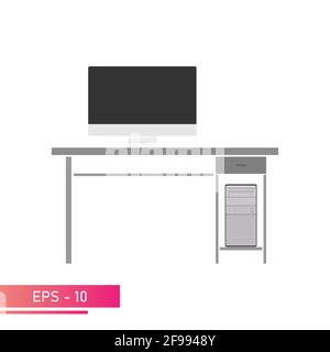 Poste de travail, ordinateur, bureau et moniteur des employés de bureau. Conception réaliste. Sur fond blanc. Illustration vectorielle plate. Illustration de Vecteur