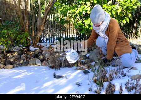 Percez un trou dans la glace du jardin étang avec l'eau chaude Banque D'Images