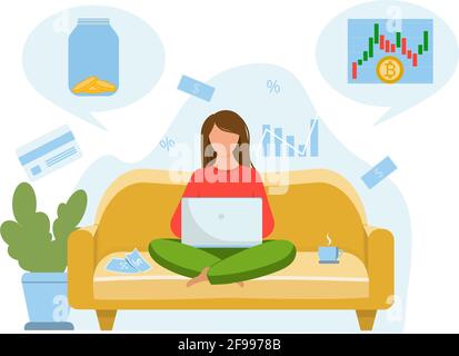 La fille s'assoit sur le canapé et pense à l'endroit où investir l'argent. Investissez votre argent dans la crypto-monnaie ou laissez-le à la maison dans un pot en verre. Vecteur Illustration de Vecteur
