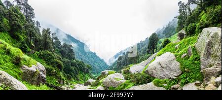 Vue sur le parcours de randonnée de Triund à travers un paysage verdoyant à Mcleodganj, Dharamsala, Himachal Pradesh, Inde. Le haut de la colline de Triund offre une vue sur hi Banque D'Images
