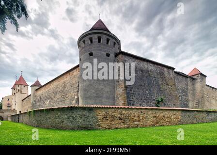 Nabburger Tor, tours jumelles, porte de ville, mur de ville, fortifications de ville, Amberg, Haut-Palatinat, Bavière, Allemagne, Europe Banque D'Images