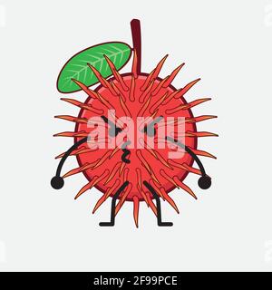 Illustration vectorielle du personnage de fruit de Rambutan avec un visage mignon, des mains simples et un dessin de ligne de jambe sur un arrière-plan isolé. Style plat de dessin animé. Illustration de Vecteur