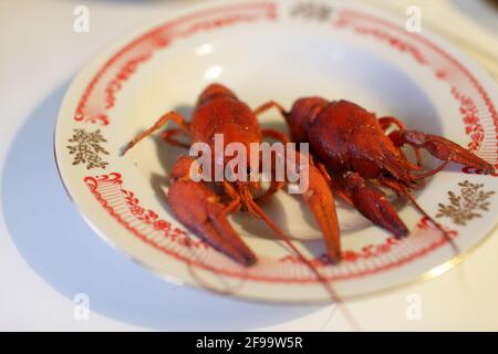 Les crawpoissons rouges cuits sur l'assiette Banque D'Images