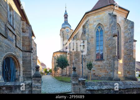 Stadtpfarrkirche St. Laurentius, façade, façade, architecture, marché, Old, Haßberge, Ebern, Franconie, Bavière, Allemagne, Europe Banque D'Images