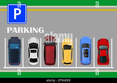 Vue de dessus d'un parking de la ville avec un ensemble de voitures différentes. Parking public. Voitures de couleur garées sur le parking. Illustration du vecteur de stock Illustration de Vecteur