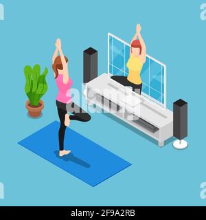 Plat 3d Isométrique femme entraînement Yoga par suivre entraîneur à la télévision. Nouveau concept de vie normale. Illustration de Vecteur