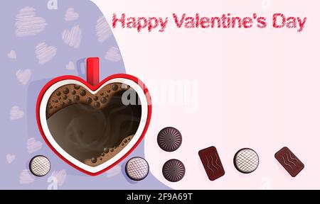 Tasse en forme de coeur avec café chaud et chocolats assortis. L'inscription « Happy Valentine's Day » et les coeurs peints. Bannière en couleur pastel Illustration de Vecteur