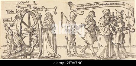 Le temps et un renard tournant la roue de Fortune avec des gens de tous les rangs à droite, probablement 1526. Banque D'Images