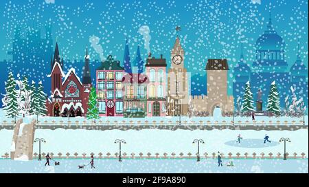 Une soirée de Noël enneigée ou une nuit dans une petite ville confortable. Panorama de la ville d'hiver avec le remblai et les vieux bâtiments, avec une église et le Christ Illustration de Vecteur