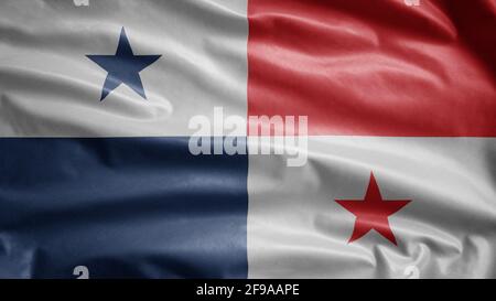 Drapeau panaméen agitant dans le vent. Gros plan de la bannière Panama soufflant, doux et lisse soie. Tissu texture ensign arrière-plan. Utilisez-le pour la nation Banque D'Images