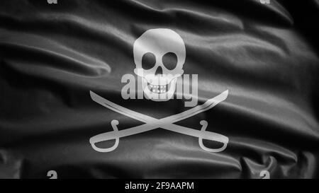 3D, texture textile du crâne pirate avec drapeau sabres agitant dans le vent. Calico Jack Pirate, symbole du concept de pirate et de voleur. Indicateur réaliste de PIR Banque D'Images
