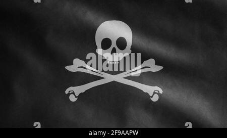 3D, texture textile du crâne de pirate avec os drapeau agitant dans le vent. Calico Jack Pirate, symbole du concept de pirate et de voleur. Drapeau réaliste de Pira Banque D'Images
