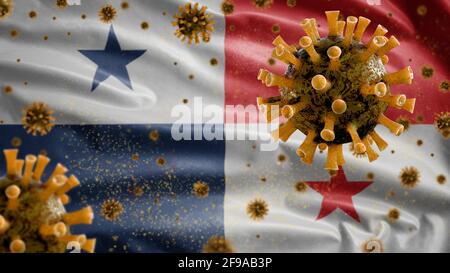 3D, drapeau panaméen agitant avec une épidémie de coronavirus infectant le système respiratoire comme une grippe dangereuse. Virus Covid 19 de type grippal avec le Panama national Banque D'Images