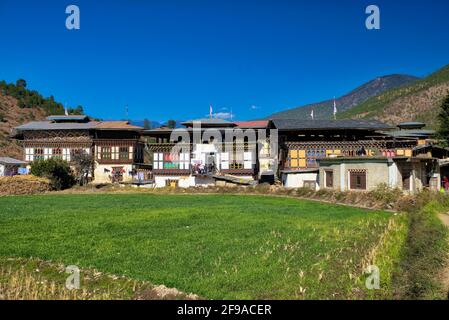 Le Chimi Lhakhang est un monastère bouddhiste au Bhoutan. Il est situé près du village de Sopsokha, dans le district de Punakha, au Bhoutan. Les pèlerins et les touristes ont Banque D'Images