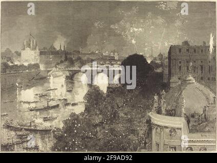 Le 14 juillet. Illumination de la Seine du Pont neuf au Pont au change, 1882. Banque D'Images