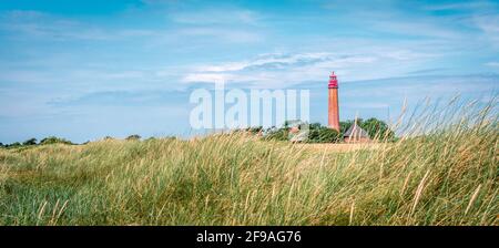 phare Flügge (Fluegge) le jour d'été sur l'île allemande Fehmarn avec herbe et champ Banque D'Images