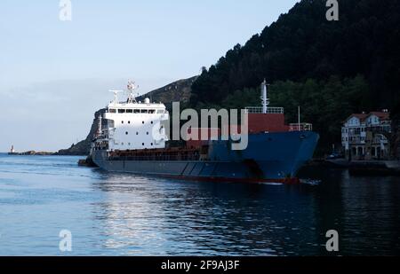 navire de cargaison entrant dans un port Banque D'Images