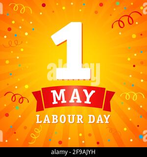 1 er mai, lettre de la Journée internationale des travailleurs sur des confettis de couleur et des poutres jaunes. Bonne bannière de la fête du travail. Illustration vectorielle. Abstrait isolé Illustration de Vecteur