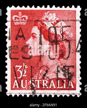 MOSCOU, RUSSIE - 22 SEPTEMBRE 2019 : le timbre-poste imprimé en Australie montre la reine Elizabeth II, série, vers 1953 Banque D'Images
