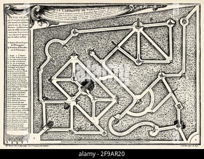 Carte du labyrinthe de Versailles, c'était un labyrinthe de haies dans les jardins avec des groupes de fontaines et de sculptures représentant les fables d'Aesop, Paris. France. Europe. Ancienne illustration gravée du XIXe siècle de la nature 1889 Banque D'Images