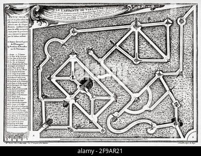 Carte du labyrinthe de Versailles, c'était un labyrinthe de haies dans les jardins avec des groupes de fontaines et de sculptures représentant les fables d'Aesop, Paris. France. Europe. Ancienne illustration gravée du XIXe siècle de la nature 1889 Banque D'Images