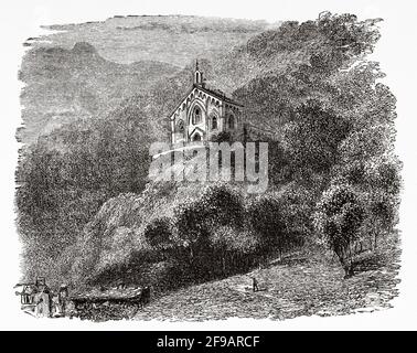 Église gothique de Pradeltorno, Angrogna, province de Turin. Vallée de Pellice, fin des années 1800. Italie, Europe. Illustration gravée du XIXe siècle de souvenirs de la réforme en Italie 1883 par John Stoughton (1807-1897) Banque D'Images