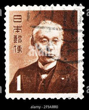 MOSCOU, RUSSIE - 22 SEPTEMBRE 2019: Timbre-poste imprimé au Japon montre le Baron Maejima Hisoka, fondateur du système postal japonais, faune, flore an Banque D'Images