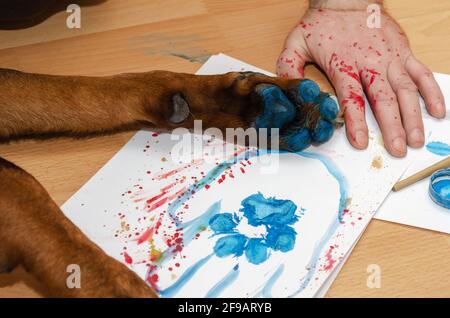 Le chien avec des pattes de couleur bleue est couché sur un sol brun. Une main avec des taches de peinture rouge à côté. Marque de peinture du chien et de la paume humaine sur la feuille blanche de pa Banque D'Images