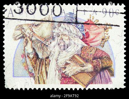MOSCOU, RUSSIE - 22 SEPTEMBRE 2019: Timbre-poste imprimé en Australie montre Wise Man, série de Noël 1991, vers 1991 Banque D'Images
