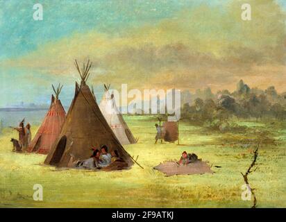 Campement indien, Comanche (ou Kiowa) dressing Skins, Red River, 1846-1848. Banque D'Images