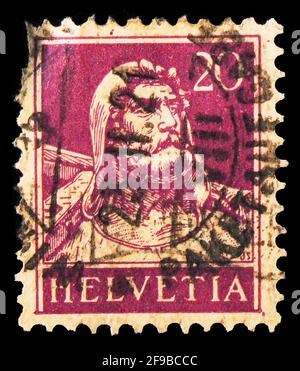 MOSCOU, RUSSIE - 24 SEPTEMBRE 2019 : le timbre-poste imprimé en Suisse montre William Tell, 20 CT - centime suisse, série, vers 1921 Banque D'Images