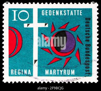 MOSCOU, RUSSIE - 24 SEPTEMBRE 2019 : le timbre-poste imprimé en Allemagne montre Martyrum, consécration de l'église Regina Martyrum, série Berlin, vers 1963 Banque D'Images