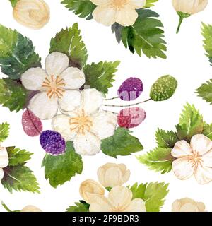 Motif sans couture de fleurs blanches avec feuilles et baies sur fond blanc. Peinture à la main aquarelle. Banque D'Images