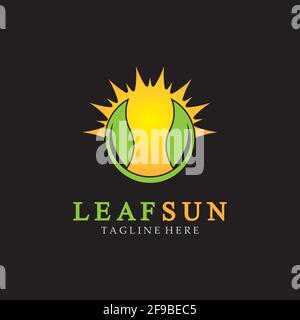 Modèle vectoriel d'icônes de logo Sun & Green Leaf. Logo ECO Sun Energy isolé sur fond noir Illustration de Vecteur