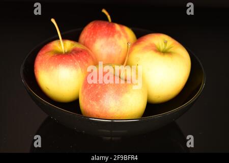 Quatre pommes fraîches biologiques, juteuses, douces et aromatiques dans une plaque en céramique noire, sur fond noir, gros plan. Banque D'Images