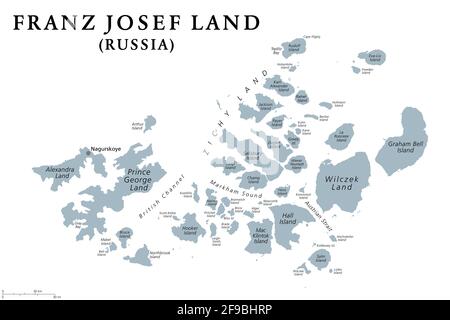 Franz Josef Land, carte politique grise. Archipel russe dans l'océan Arctique, partie la plus au nord de l'oblast d'Arkhangelsk. Banque D'Images