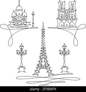 Esquisse de mise en plan manuelle vectorielle. Une ligne de style minimaliste Illustration Paris monuments Illustration de Vecteur