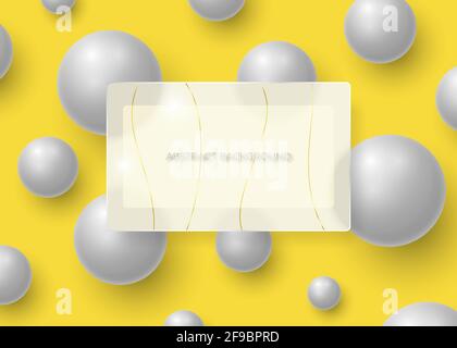 Arrière-plan jaune abstrait avec cadre mat transparent pour le texte sur boules argentées métalliques réalistes. Illustration vectorielle. Illustration de Vecteur