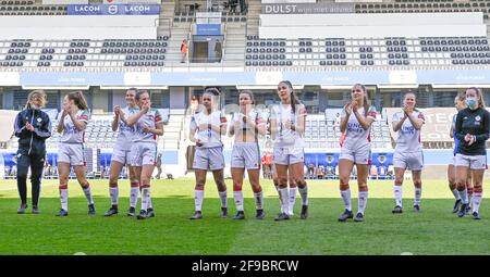 Louvain, Belgique. 17 avril 2021. Joueurs de OHL en photo célébrant après avoir terminé le jeu sans score lors d'un match de football féminin entre Oud Heverlee Leuven et RSC Anderlecht le 2e jour de match 1 dans la saison 2020 - 2021 de la Super League belge des femmes, samedi 17 avril 2021 à Heverlee, Belgique . PHOTO SPORTPIX.BE | SPP | DAVID CATRYNOT POUR UTILISATION ET VENTE EN BELGIQUE CRÉDIT: SPP SPORT PRESS PHOTO. /Alamy Live News Banque D'Images