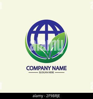 ECO World nature Global logo Design Template.World Globe icône avec symbole feuille autour. Utilisable pour les affaires, la nature, l'environnement, la science et l'écologie L Illustration de Vecteur