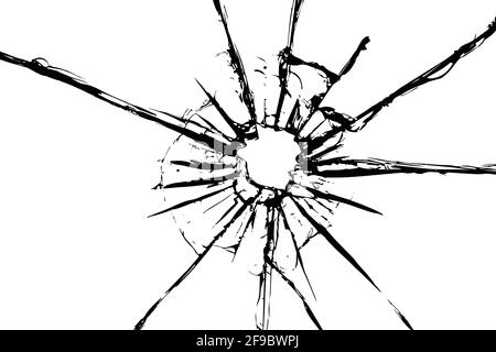 Verre fissuré sur fond blanc. Fenêtre cassée. Trou rond, abstraction pour la conception Illustration de Vecteur