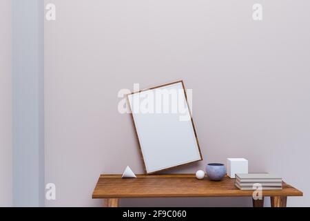 Cadre photo dans une pièce de style minimale, pièce claire, rendu d'illustration 3d Banque D'Images