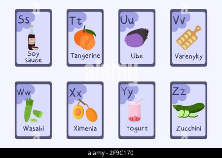 Lettre S, T, U, V, W, alphabet coloré X, y, Z - sauce soja, mandarine, tube, varényky, wasabi, Ximenia, yogourt zucchini cartes à thème de nourriture pour l'enseignement avec les aliments légumes fruits noix Illustration de Vecteur
