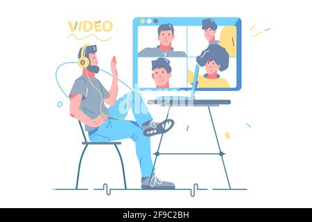 Homme parlant avec des amis par appel vidéo Illustration de Vecteur